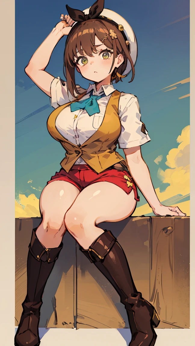 (Highest quality, 8K, masterpiece :1.3),Lizaリン・シュタウト(Lizaのアトリエ),Liza,Plump, One woman,Large Breasts,short hair,Brown Hair,hair band,Clothing,hat,White shirt,Yellow and white vest,Red shorts,Brown long boots