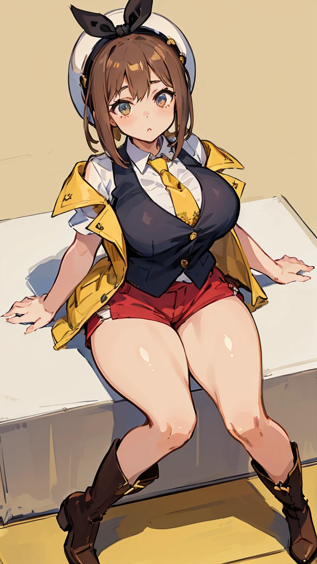 (Highest quality, 8K, masterpiece :1.3),Lizaリン・シュタウト(Lizaのアトリエ),Liza,Plump, One woman,Large Breasts,short hair,Brown Hair,hair band,Clothing,hat,White shirt,Yellow and white vest,Red shorts,Brown long boots