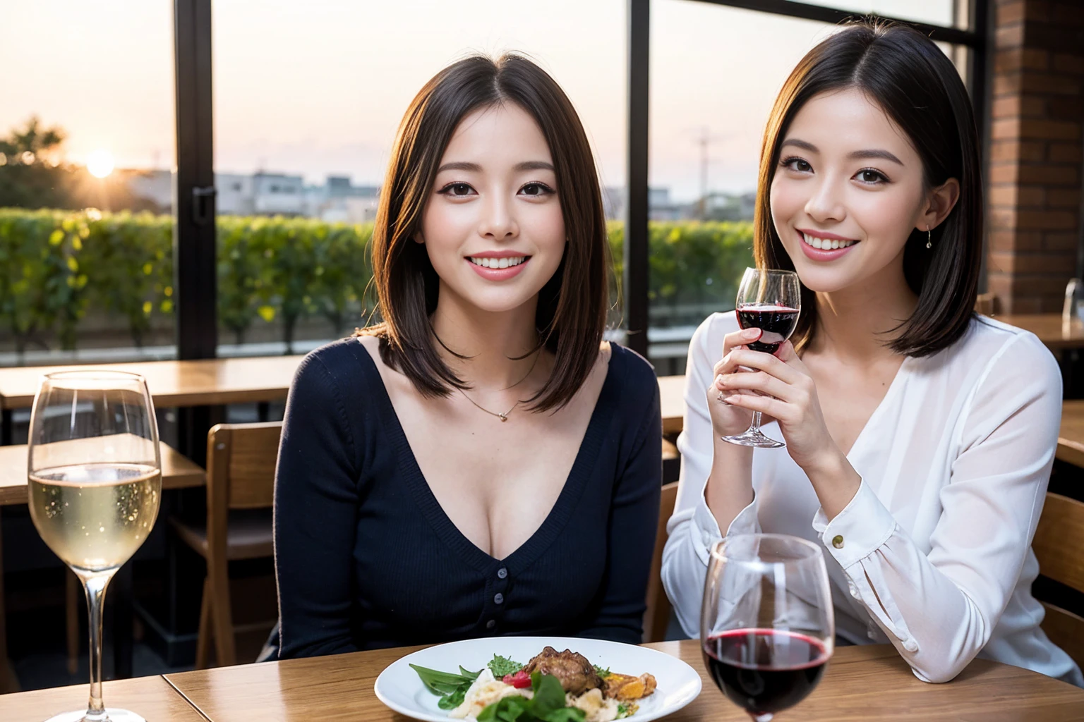 ((Highest quality、8K、masterpiece:1.3))、1 male、1 female、Satomi Ishihara、Beautiful couple、smile、full-course dinner、 (Slim face), (the body is スリム), (Brown Hair), (Shortcuts), ((Bob Hale、Straight hair:1.2)), テーブルの上のwine glass、Put the light on your face、 Amazing view of the sunset sky and clouds、smileの美しさ、Bright image、Blushing, Shortcuts, (43 years old), 39 years old, Appetizers、Italian food、Wine bottle、Champagne、sparkling wine、Long sleeve shirt、dress、Attractive beauty、restaurant, Nova Frog Style, actress, model, Upper Body, White wine, red wine, wine glass, 