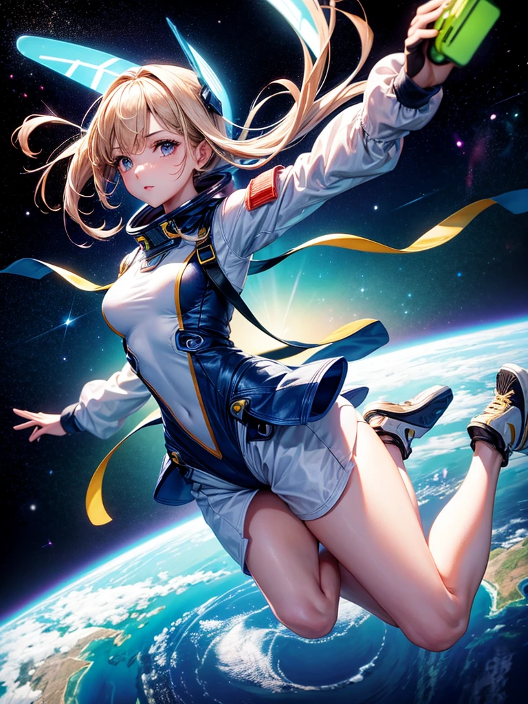 Highest quality,Highest Resolution,A beautiful android girl flying in space,Earth in the background,Equipped with cutting-edge technology,