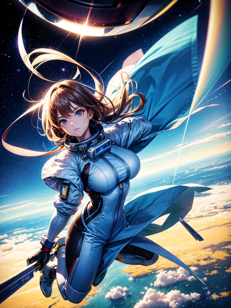 Highest quality,Highest Resolution,A beautiful android girl flying in space,Earth in the background,Equipped with cutting-edge technology,