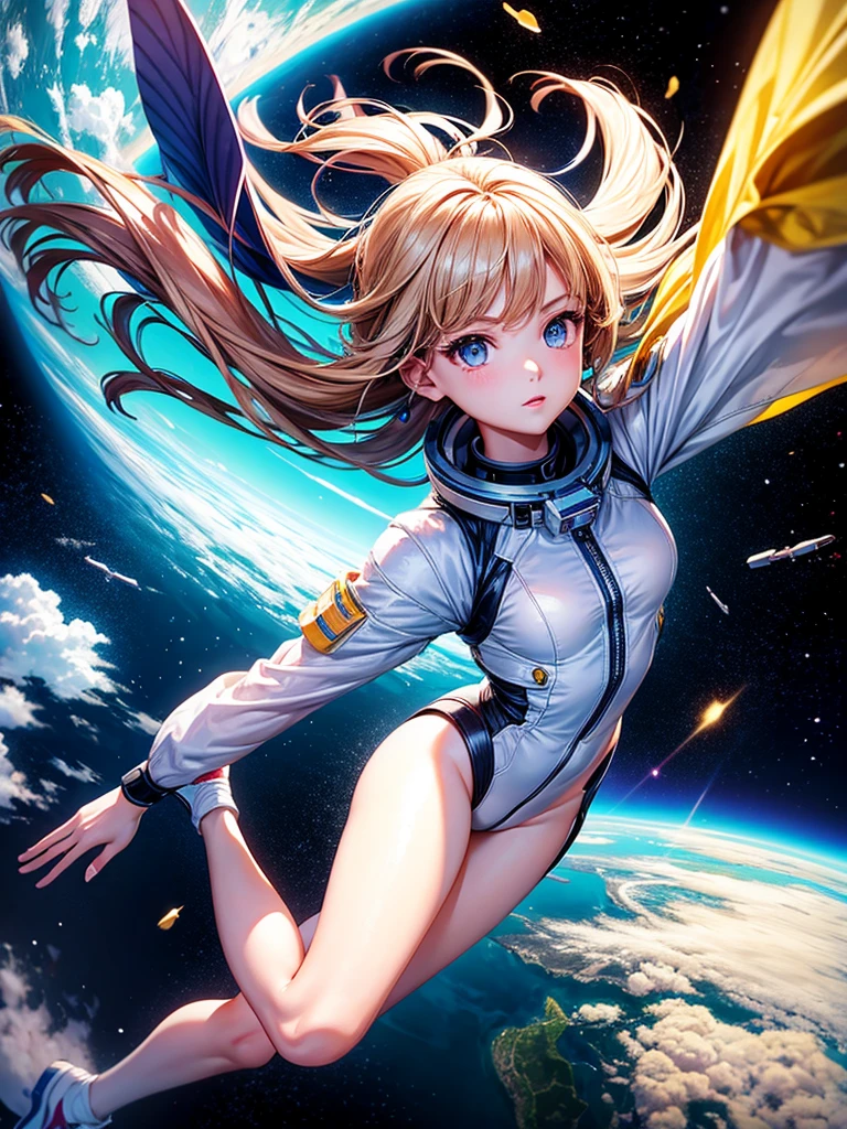 Highest quality,Highest Resolution,A beautiful android girl flying in space,Earth in the background,Equipped with cutting-edge technology,