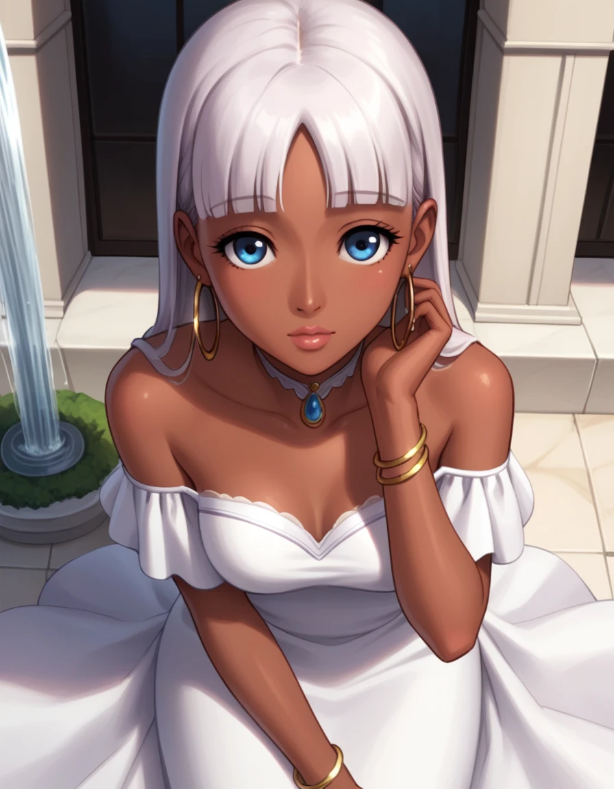 Masterpiece,Best Quality, Very detailed, score_9, score_8_above, score_7_above, score_6_above,fountain_cheered up,REST liliana,1 girl, Alone, wide, old, looking at the viewer, hits, Blue eyes, dress, neckline, bare shoulders, jewelry, clavicle, by white, Thighs, earrings, choker, inside, Dark skin, blunt hits, white dress, huge old, bracelet, mujer de Dark skin, lips, hoop earrings