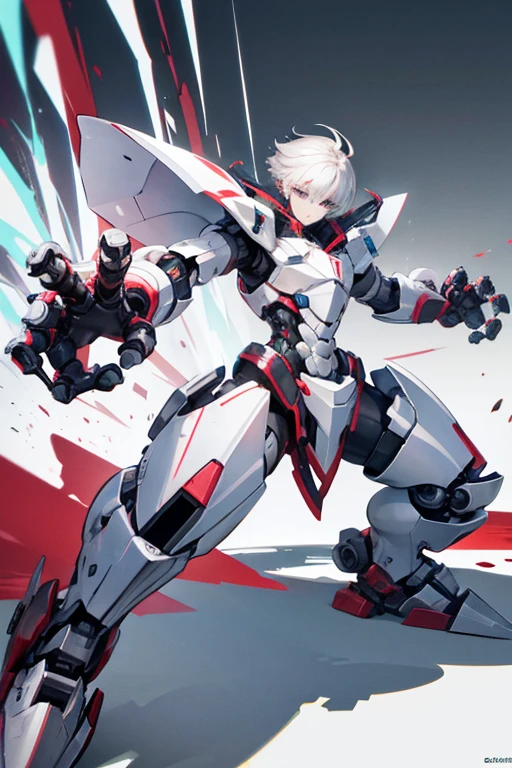 White-haired ,　fighting stance, with two extremely large robotic hands