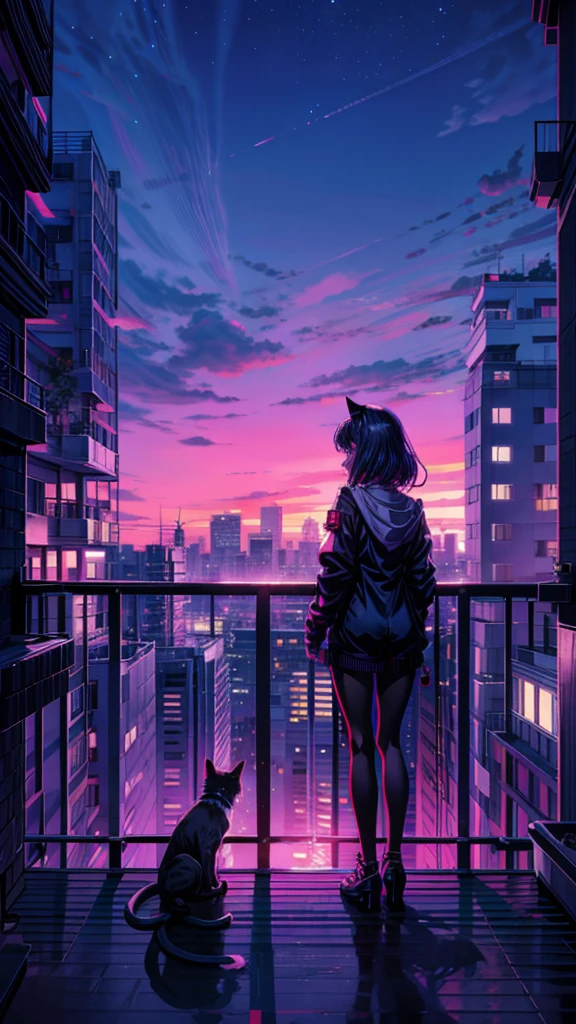a woman standing on top of a balcony next to a cat, night city background, city background, anime atmospheric, synthwave image, night time city background, night - time city background, anime style cityscape, synthwave sunset, synthwave city, hd anime cityscape, night city on the background, roof background, watching the sun set. anime, night background