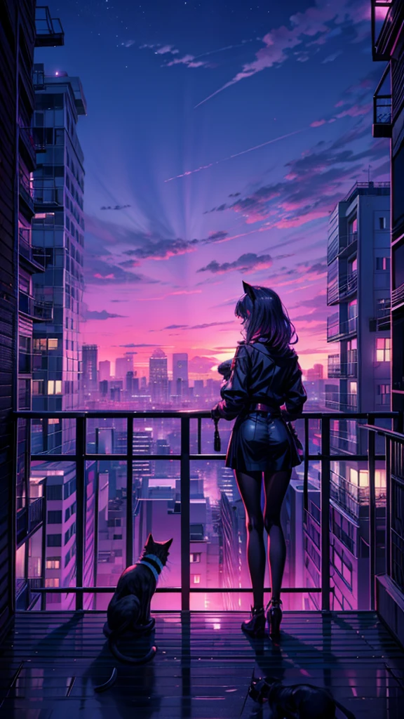 a woman standing on top of a balcony next to a cat, night city background, city background, anime atmospheric, synthwave image, night time city background, night - time city background, anime style cityscape, synthwave sunset, synthwave city, hd anime cityscape, night city on the background, roof background, watching the sun set. anime, night background