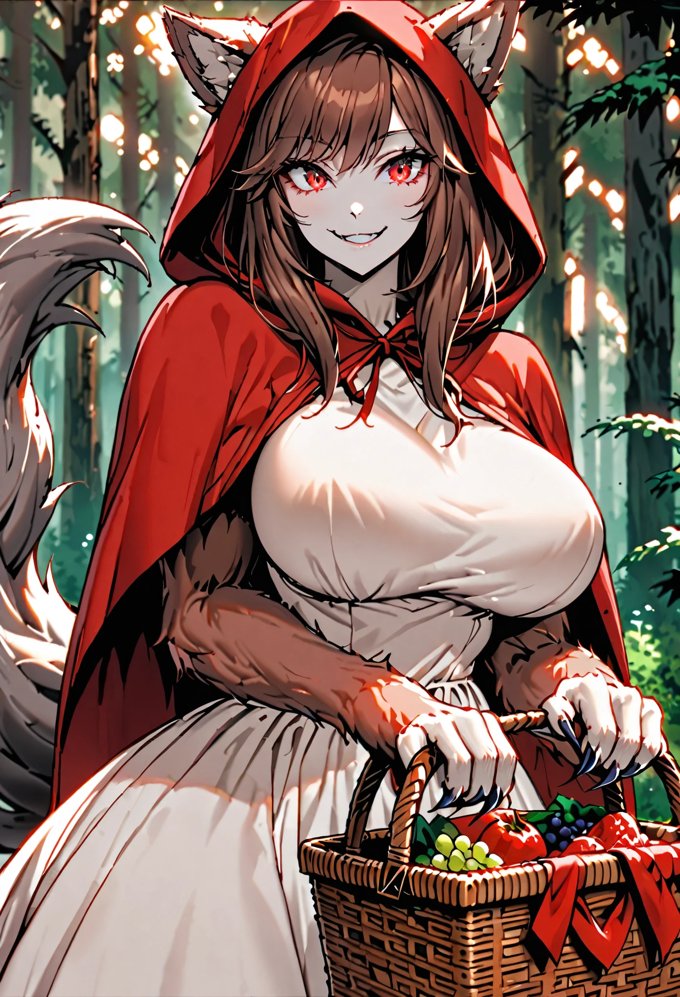 Solo, female, wolf ears, wolf tail, wild long brown hair, red eyes, huge woman, tall, broad shoulders, large , forest, furry claws, furry forearms, red riding hood, smile, holding picnic basket, white dress, brown fur, close up