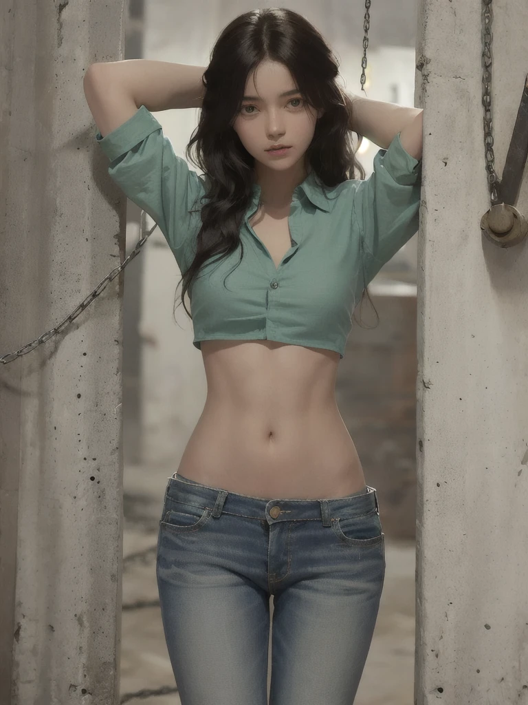 In university, university girl in green crop top button shirt, blue jean, showing navel, colleges student, Bound in chains