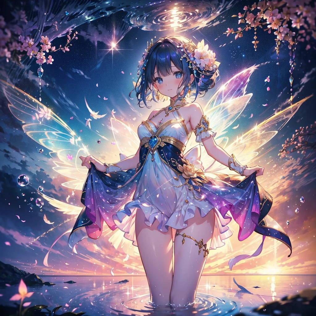 In a swirling dance of magic and light, Glittering animated fairy spinning around, Her feathers shine with iridescence. She is the center of a fantastical swirl of petals and sparkling hearts., Her flapping wings send ripples through the air, Bending light and color. Her outfit, An array of delicate flowers and ribbons, Reflecting the flowers floating around her. This enchanting scene is、It captures a celebration of fairy love and magical joy., Her essence is a fascinating blend of nature and fantasy..