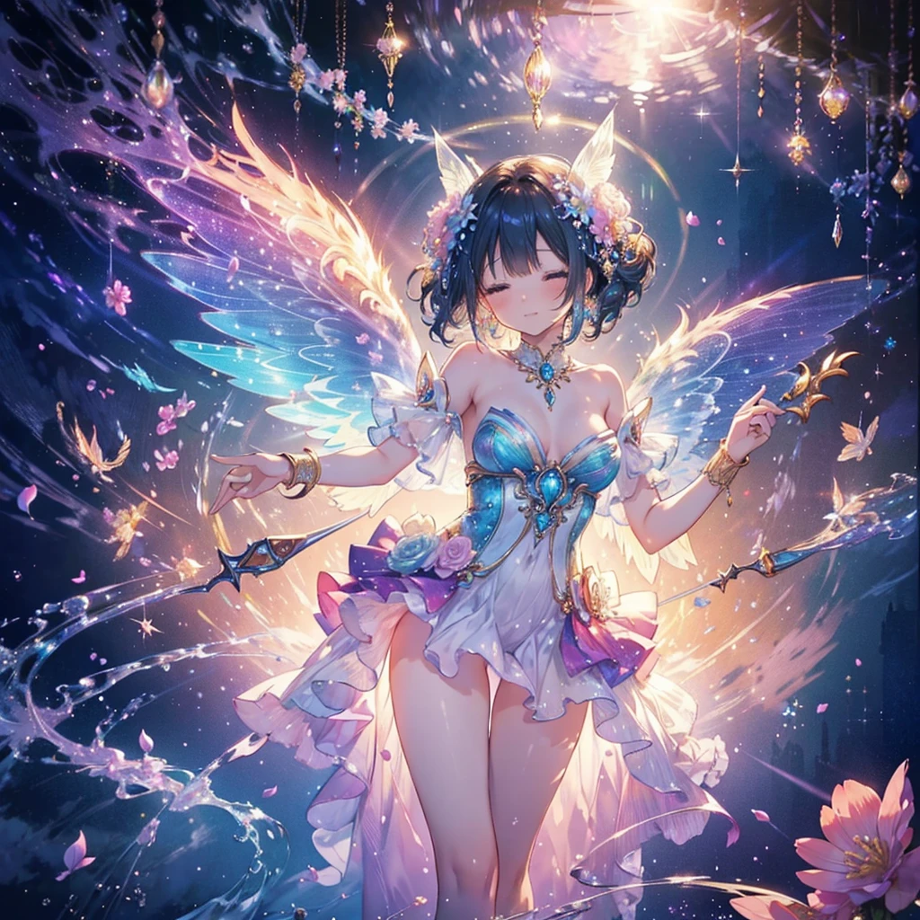 In a swirling dance of magic and light, Glittering animated fairy spinning around, Her feathers shine with iridescence. She is the center of a fantastical swirl of petals and sparkling hearts., Her flapping wings send ripples through the air, Bending light and color. Her outfit, An array of delicate flowers and ribbons, Reflecting the flowers floating around her. This enchanting scene is、It captures a celebration of fairy love and magical joy., Her essence is a fascinating blend of nature and fantasy..