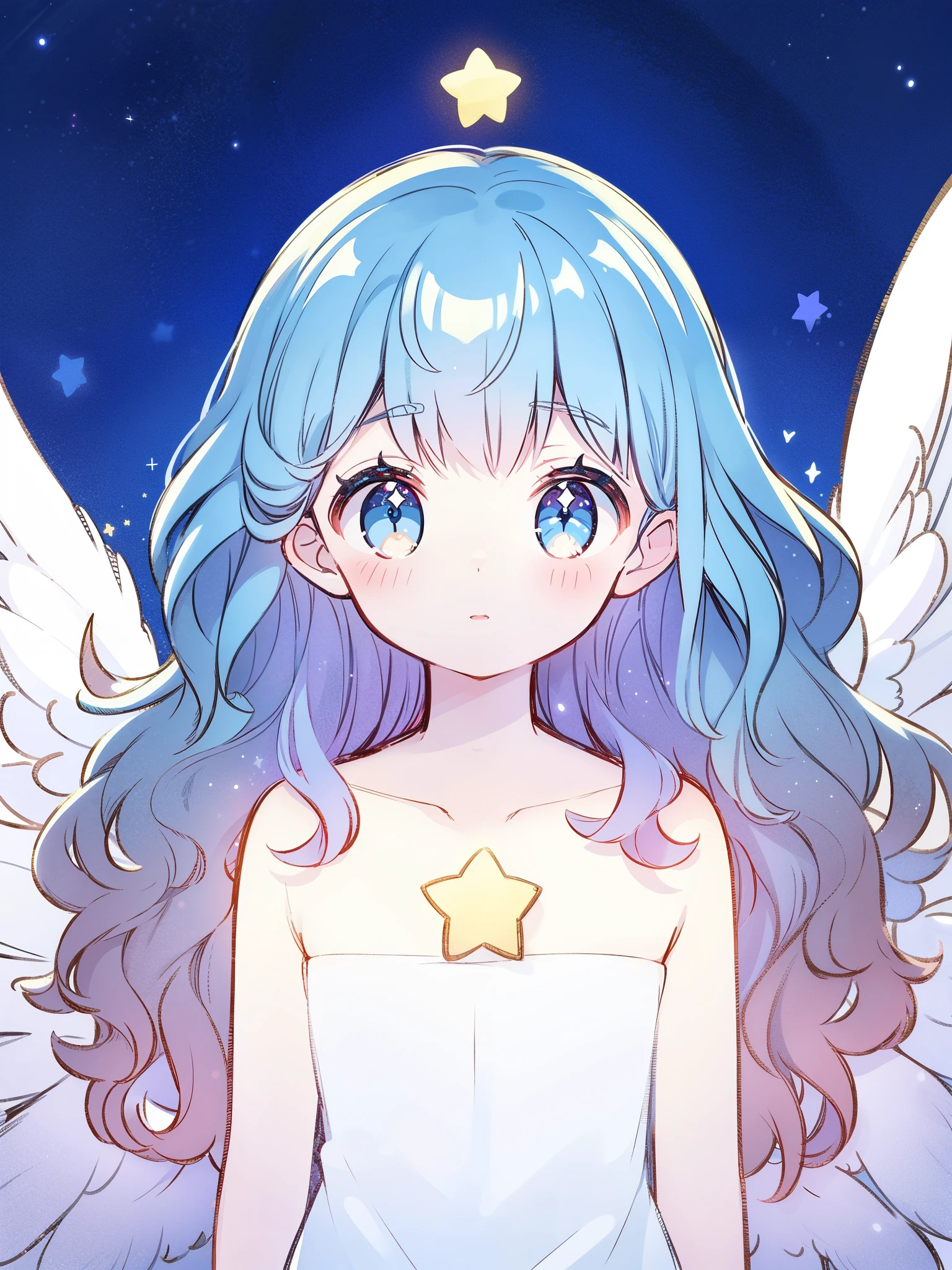 nude angel girl wearing an ethereal translucent dress, pale skin, ((blue mint wavy hair)), white feathers, angel wings, sparkling detailed eyes, golden ratio face, perfect composition, highly detailed, ethereal, (starry night sky background), midjourney style