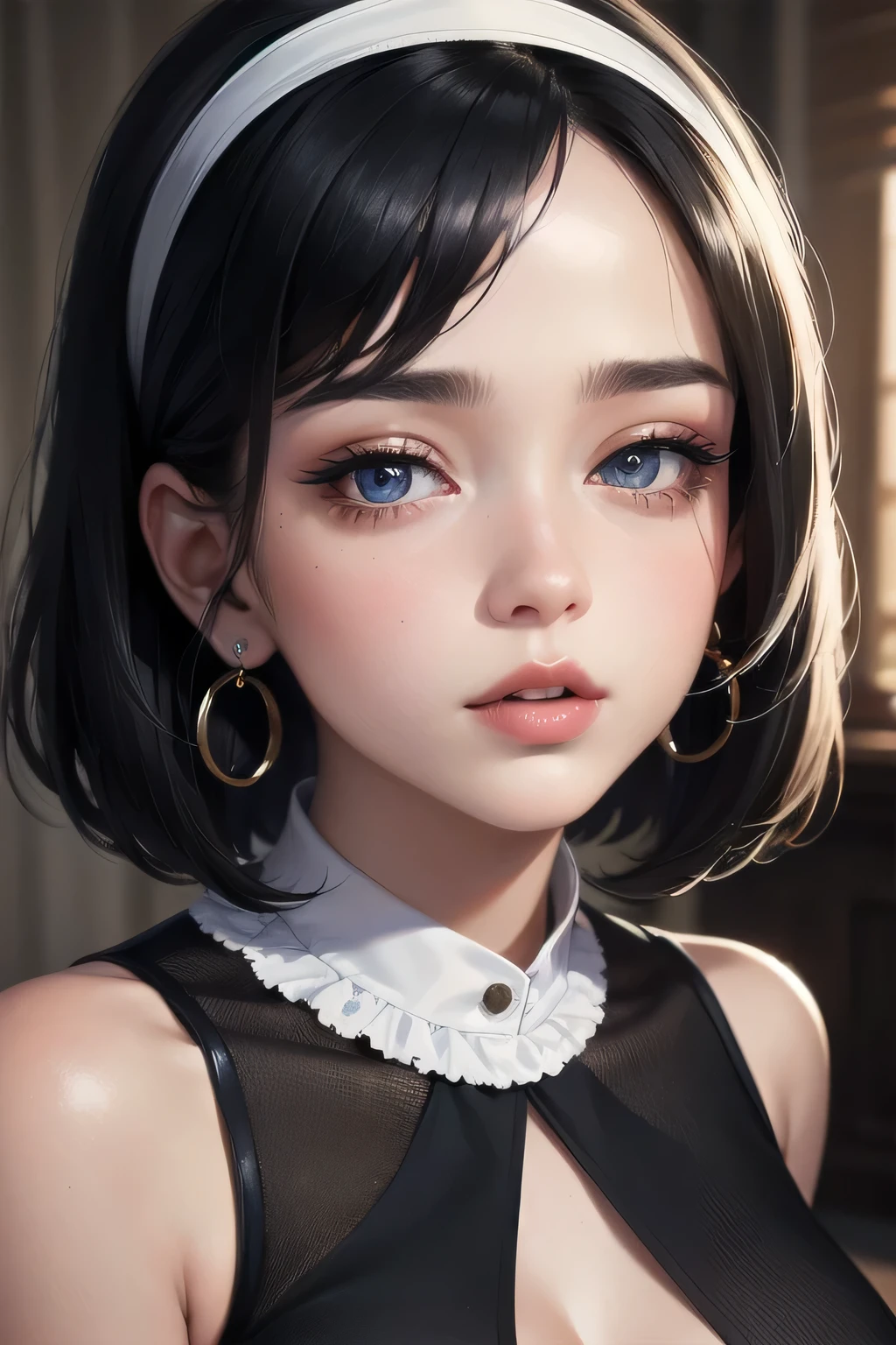  Amazing portrait of a sexy woman with a beautiful face emphasized by amazing makeup and beautifully detailed eyes with perfect lips wearing her short black hair in a bob with a white hairband blushing intensely as she's flustered and lustful wearing some elegant earrings and a blue sleeveless sweater accentuating her medium chest paired with a cream skirt that accentuates her thick curvy body making her look hot with vibrant colors and soft lighting