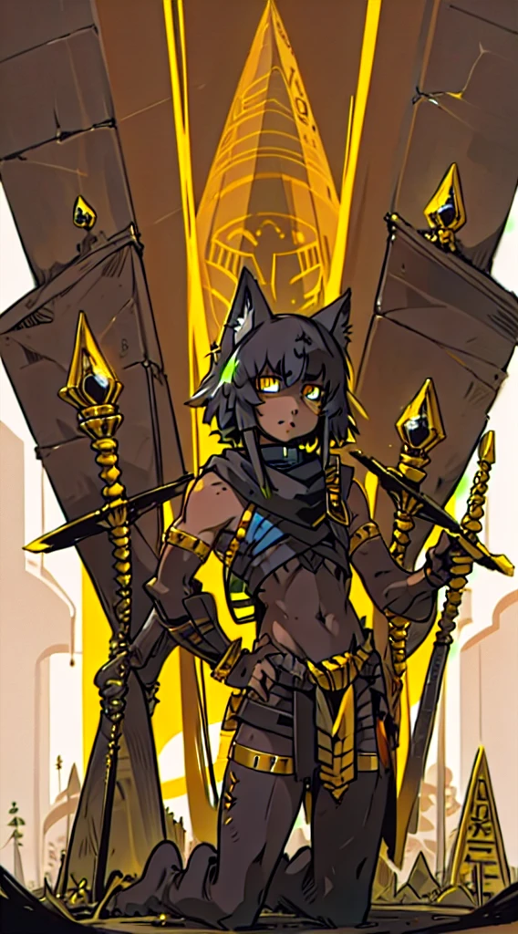 (Egyptian girl)(black har)(Yellow eyes)(Cat ears)(cat tails)(Black skin)(Egyptian-inspired clothing)Stand in the pyramid,Behind him was Anubis kneeling,On his left arm is parked Nighthawk