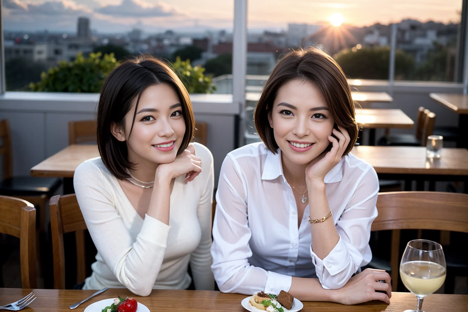 ((Highest quality、、masterpiece:1.3))、1 male、1 female、Miki Nakatani、Beautiful couple、smile、full-course dinner、 (Slim face), (the body is スリム), (Brown Hair), (Shortcuts), ((Bob Hale、Straight hair:1.2)), テーブルの上のwine glass、Put the light on your face、 Amazing view of the sunset sky and clouds、smileの美しさ、Bright image、Blushing, Shortcuts, (43 years old), 39 years old, Appetizers、Italian food、Wine bottle、Champagne、sparkling wine、Long sleeve shirt、dress、Attractive beauty、restaurant, Nova Frog Style, actress, model, Upper Body, White wine, red wine, wine glass,