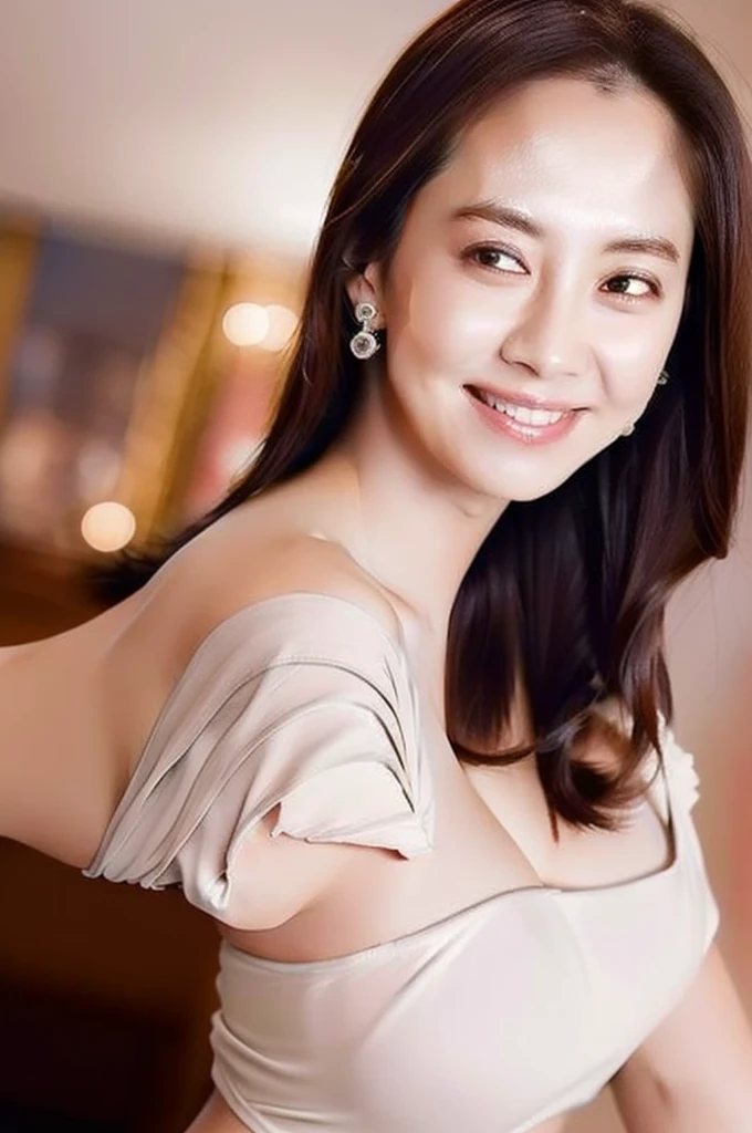 a woman,  jihyo, jihyo \(runningman\), smile, upper body, looking at viewer, dress, earrings, 
indoors, depth of field, 
masterpiece, high quality, absurdres, realistic, wide hips, bikini, front view