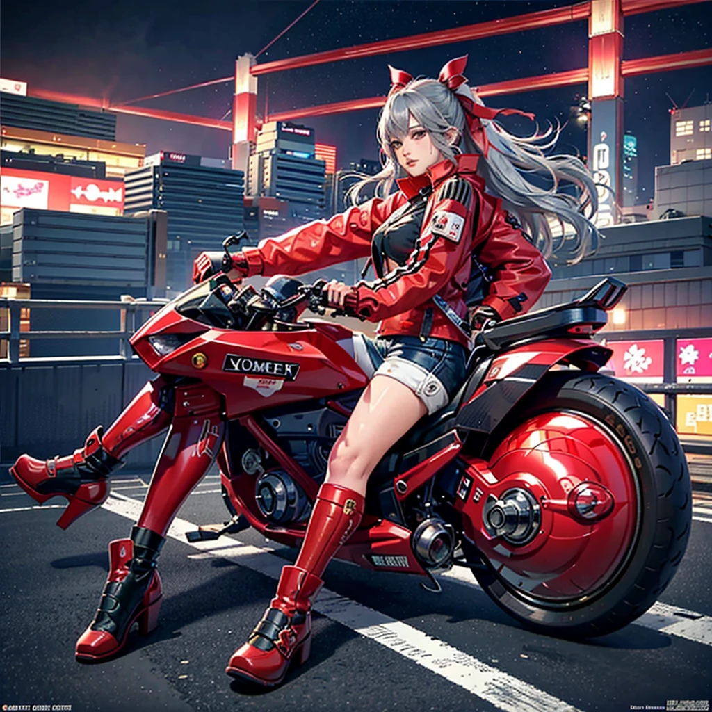 Official Art, unity 8k wallpaper, Super detailed, beautifully、aesthetic, masterpiece, Highest quality, Realistic, horn, blush, Long Hair, Gray Hair, Striped Hair, Red eyes, Hair Ribbon, Mole under the eye,  Red Akira Bike, ride a bicycle, night, Cyberpunk City View, Magnificent screen, ,