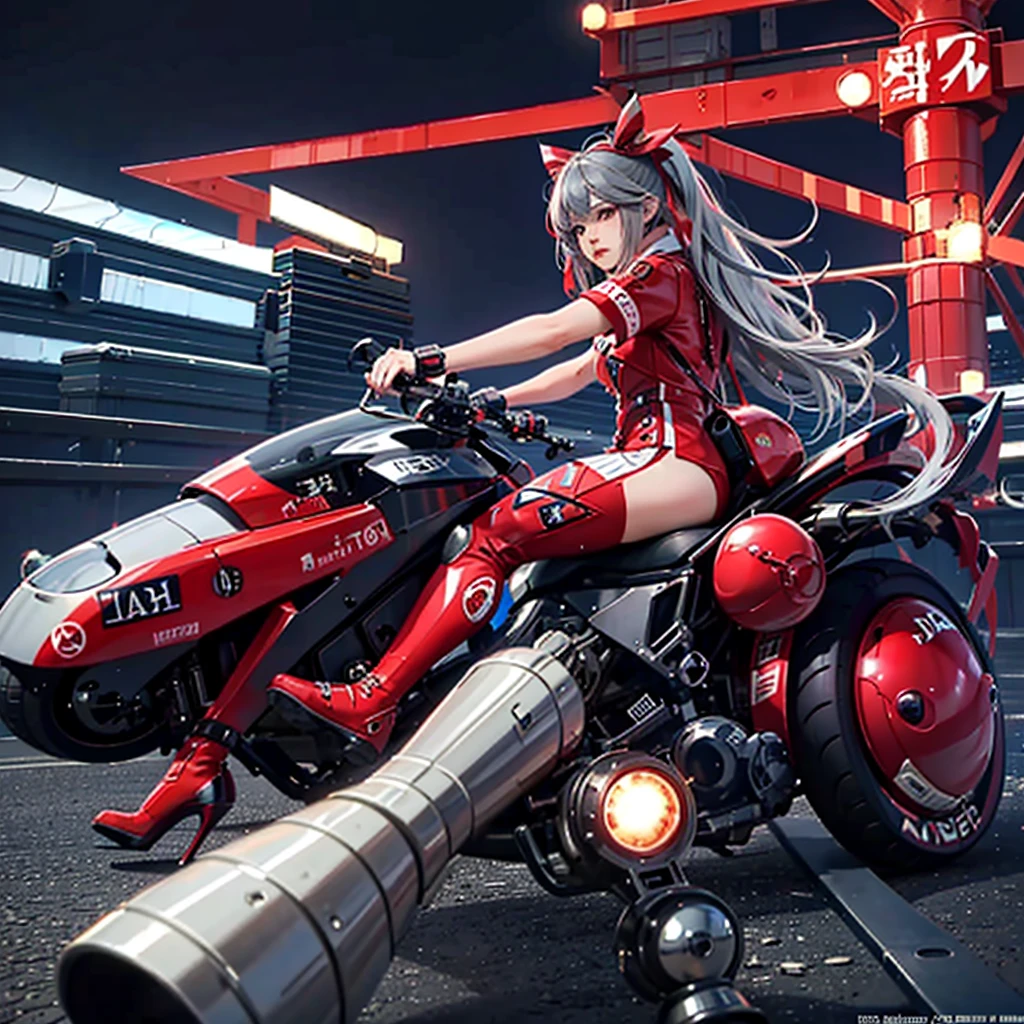 Official Art, unity 8k wallpaper, Super detailed, beautifully、aesthetic, masterpiece, Highest quality, Realistic, horn, blush, Long Hair, Gray Hair, Striped Hair, Red eyes, Hair Ribbon, Mole under the eye, Red Akira Bike, ride a bicycle, night, Cyberpunk City View, Magnificent screen, ,