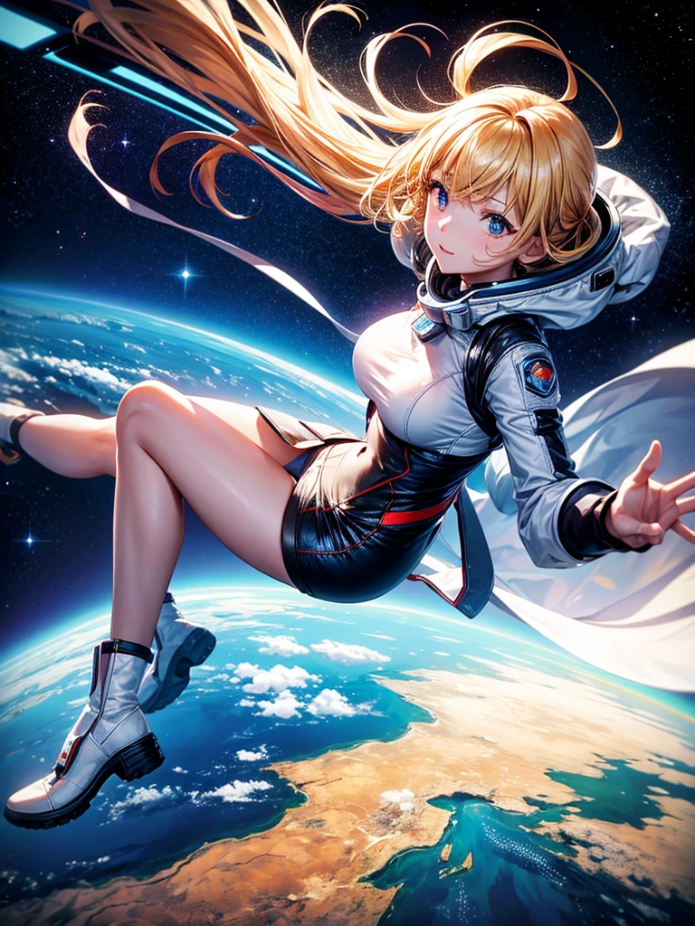 Highest quality,Highest Resolution,A beautiful android girl flying in space,Earth in the background,Equipped with cutting-edge technology,