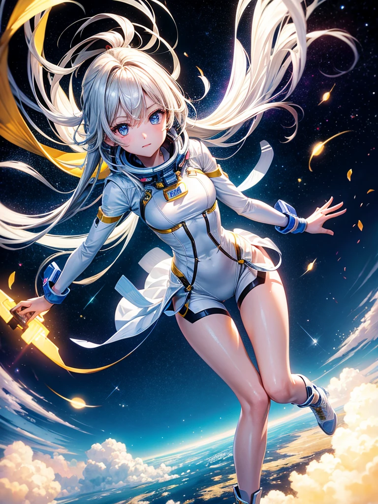 Highest quality,Highest Resolution,A beautiful android girl flying in space,Earth in the background,Equipped with cutting-edge technology,