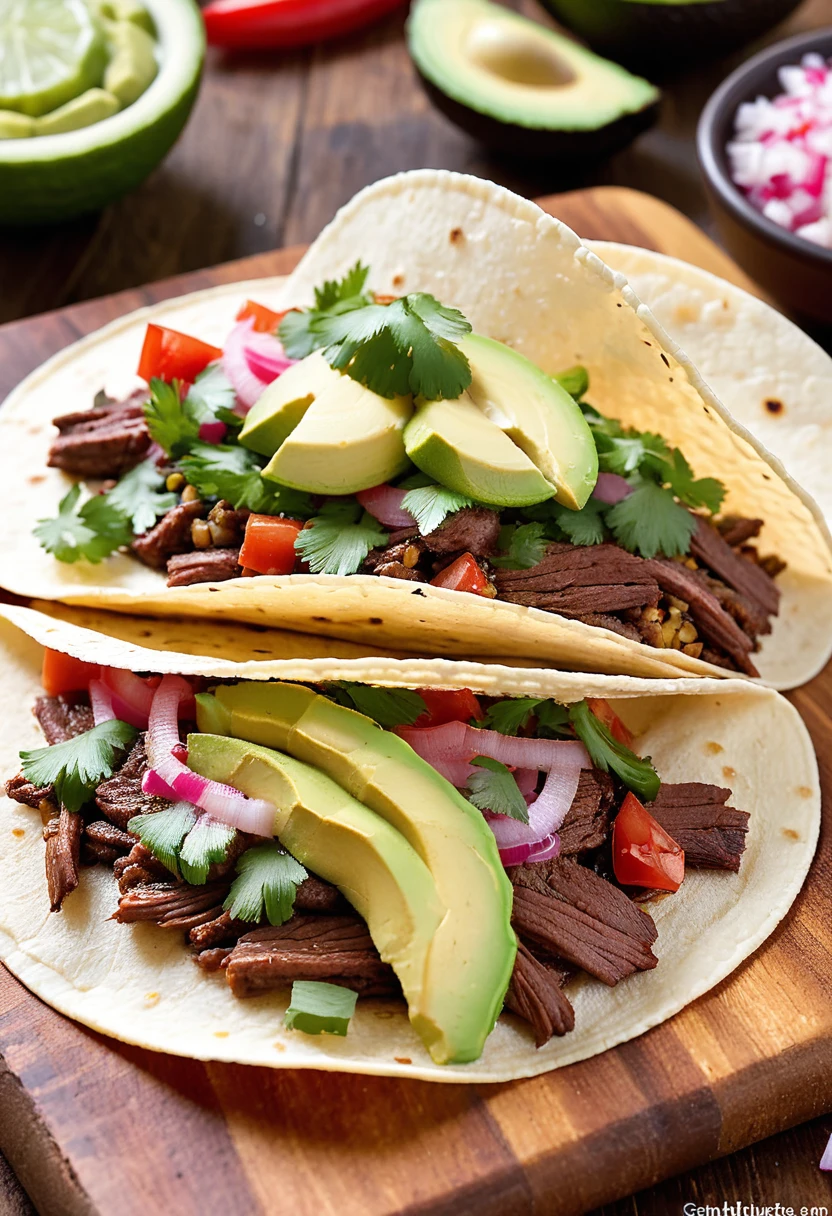extremely close-up, mouth-watering display of a single taco on a rustic wooden board, the warm lightly toasted corn tortilla is filled with tender seasoned carne asada, topped with fresh colorful ingredients, Bright green slices of avocado, tangy pickled red onions, and a sprinkle of cotija cheese add texture and flavor, A drizzle of creamy chipotle sauce and a scattering of chopped cilantro ensemble, A lime wedge and a small bowl of spicy salsa are placed nearby, The background is a lively festive atmosphere,