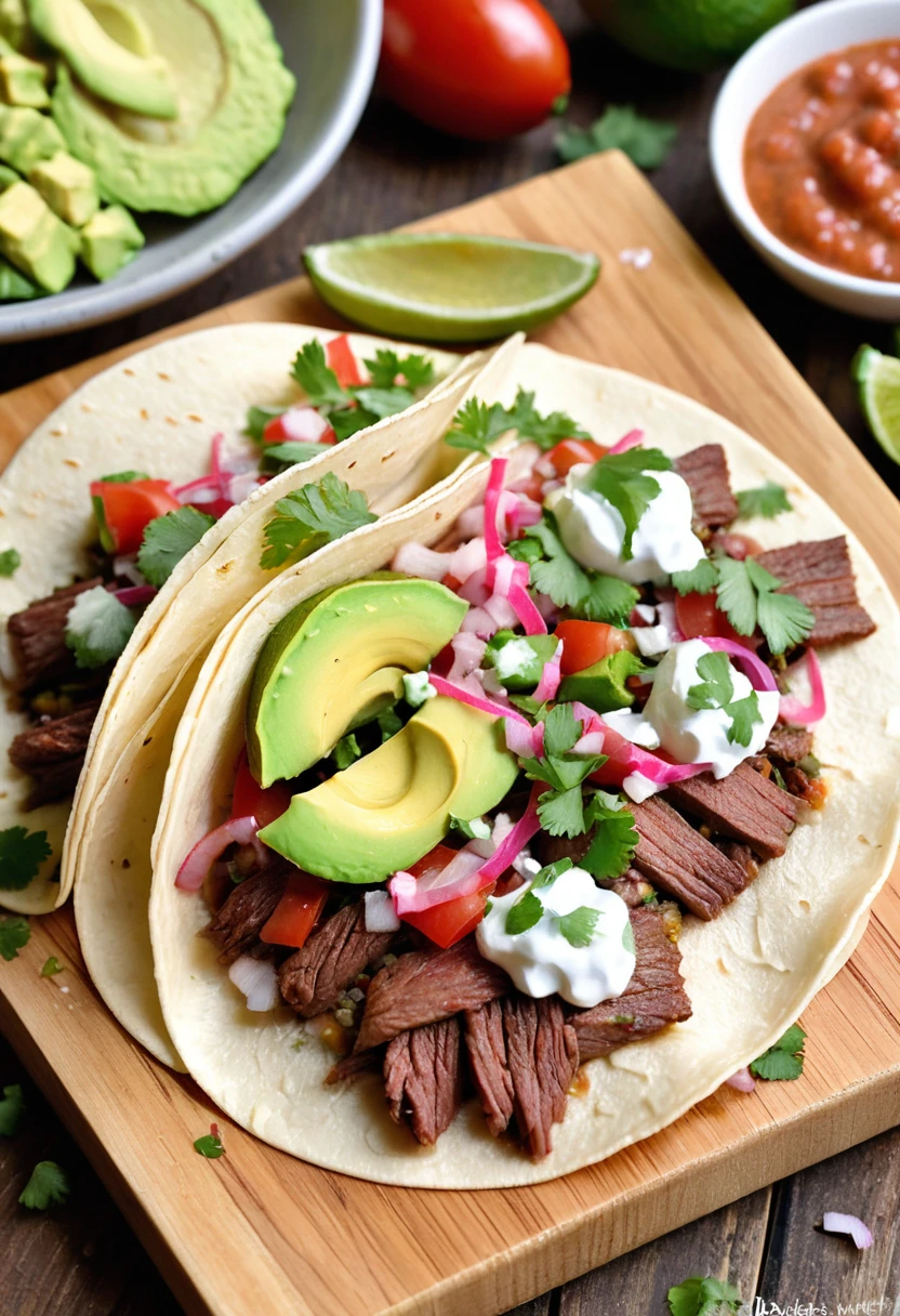 extremely close-up, mouth-watering display of a single taco on a rustic wooden board, the warm lightly toasted corn tortilla is filled with tender seasoned carne asada, topped with fresh colorful ingredients, Bright green slices of avocado, tangy pickled red onions, and a sprinkle of cotija cheese add texture and flavor, A drizzle of creamy chipotle sauce and a scattering of chopped cilantro ensemble, A lime wedge and a small bowl of spicy salsa are placed nearby, The background is a lively festive atmosphere, 