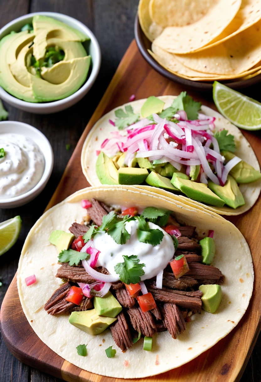 extremely close-up, mouth-watering display of a single taco on a rustic wooden board, the warm lightly toasted corn tortilla is filled with tender seasoned carne asada, topped with fresh colorful ingredients, Bright green slices of avocado, tangy pickled red onions, and a sprinkle of cotija cheese add texture and flavor, A drizzle of creamy chipotle sauce and a scattering of chopped cilantro ensemble, A lime wedge and a small bowl of spicy salsa are placed nearby, The background is a lively festive atmosphere,
