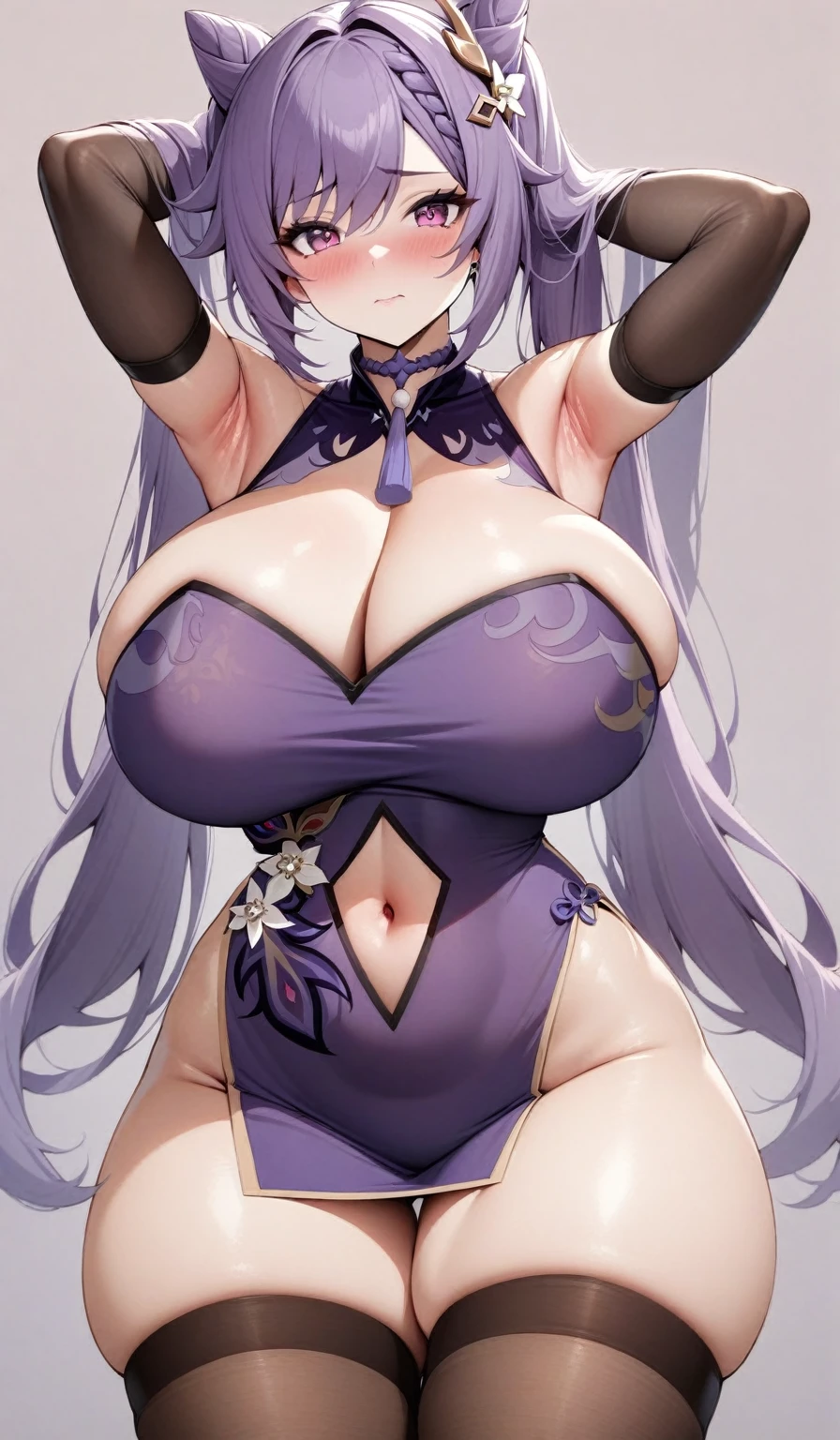 (semi-realistic:0.8), masterpiece, best quality, simple background, 1girl, solo, (chubby, curvy, thick), keqing \(genshin impact\), purple hair, long hair, shameful face, beautiful eyes, shy, blush, closed mouth, armpit, cleavage, gigantic breasts, huge breasts, big breasts, huge ass, big ass, (((wide hips))), navel cutout, choker, elbow gloves, (china dress, mini dress), thighhighs, standing, hands behind head, looking at viewer, front, front view, cowboy shot