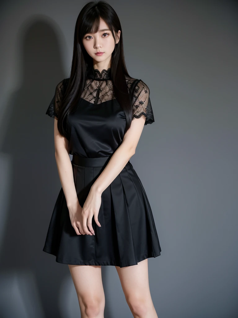 Black Skirt、Blouse with lace、(Highest quality)、((Very detailed))、4K、(8K)、masterpiece、Very detailedな、Highest quality、Super Resolution、1 person、Kind Face、Soft Light、RAW quality、Soft Skin、163cm、White Room:1.5、Standing posture、Calf、bouquet