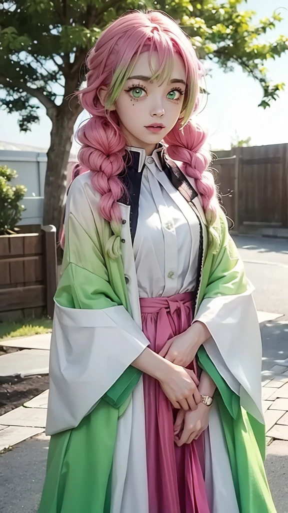 Girl with green and pink hair, hashira outfit white green eyes 