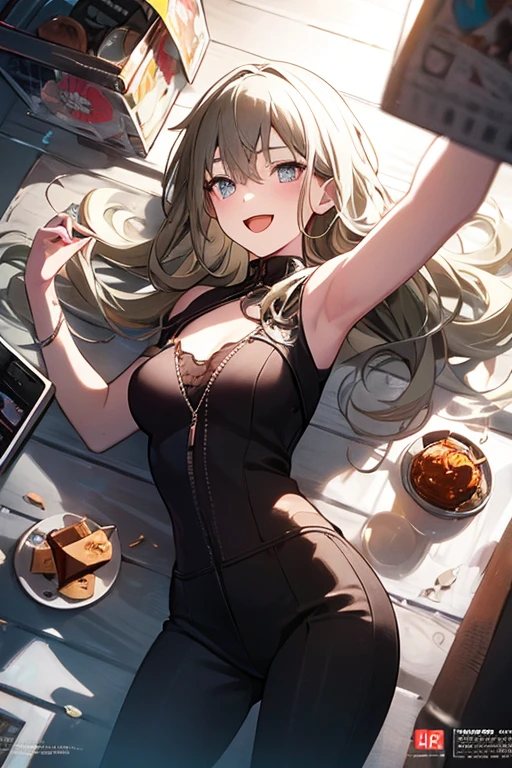 (small breasts:1.2), (perky chest:1.2), (pointed chest:1.2), (Pudding cake magazine cover:1.3),(from above:1.0),(fromside:0.9),masterpiece, 1girl, Amazing Cleavage:1.1, thin waist, optimum,tmasterpiece,hight resolution,best qualtiy,hyper HD,super detailing,awardwinning,16 K,solo,(The upper part of the body),anatomy correct,Beautiful cyberpunk girl,Cowboy Shot,cute face,a blond,Longhaire,Twin-tailed,Braids, Hairline,(scarlet eyes),long eyelasher,Hanging eye corners,White skin of the,shoot from the side, ((see through camisole:0.1)), ((Sheer nipples:1.0)),Rocket Tits,(Slim body),smile,seductive weak smiling,(with sparkling eyes and a contagious smile),open mouth, Looking at Viewer