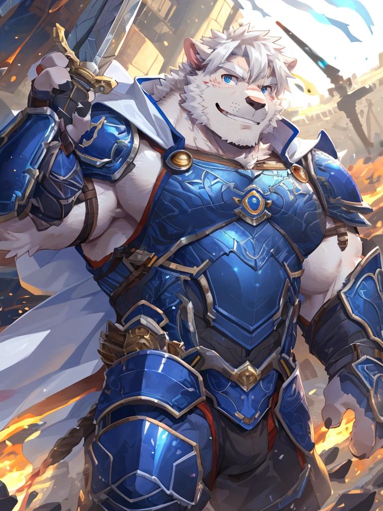 anthro, kemono, male, solo, ((long oval face, very handsome face, thick sideburns)), ((ectomorph body type, old-aged)), (high quality, highres, masterpiece), (dynamic lighting, vivid color), (generous smile), cartoon, (((a furry sheep))), (((white fur))), (((shoulder long silky white hair))), (((handsome, slim fit, small face, ikemen))), paladin, (((white sheep))), ((dark blue armor with white cape)), full body, (((tall))), (((white smooth hair))), sword and shield, mature, dad, golden armor, by zixiong, by takemoto arashi, by zixiong, (by null-ghost:0.8), (by t.y.stars:0.4)