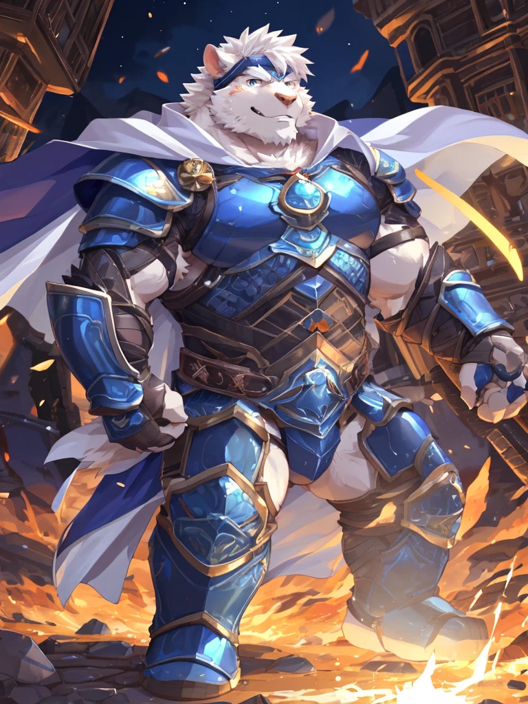 anthro, kemono, male, solo, ((long oval face, very handsome face, thick sideburns)), ((ectomorph body type, old-aged)), (high quality, highres, masterpiece), (dynamic lighting, vivid color), (generous smile), cartoon, (((a furry sheep))), (((white fur))), (((shoulder long silky white hair))), (((handsome, slim fit, small face, ikemen))), paladin, (((white sheep))), ((dark blue armor with white cape)), full body, (((tall))), (((white smooth hair))), sword and shield, mature, dad, golden armor, by zixiong, by takemoto arashi, by zixiong, (by null-ghost:0.8), (by t.y.stars:0.4)