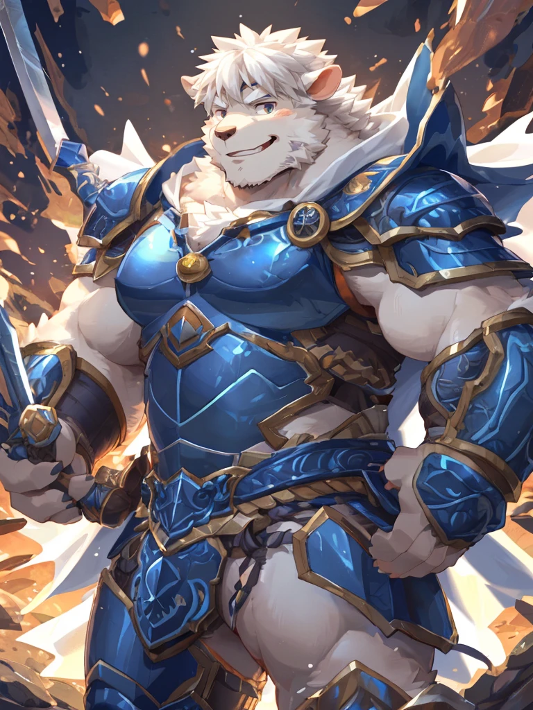 anthro, kemono, male, solo, ((long oval face, very handsome face, thick sideburns)), ((ectomorph body type, old-aged)), (high quality, highres, masterpiece), (dynamic lighting, vivid color), (generous smile), cartoon, (((a furry sheep))), (((white fur))), (((shoulder long silky white hair))), (((handsome, slim fit, small face, ikemen))), paladin, (((white sheep))), ((dark blue armor with white cape)), full body, (((tall))), (((white smooth hair))), sword and shield, mature, dad, golden armor, by zixiong, by takemoto arashi, by zixiong, (by null-ghost:0.8), (by t.y.stars:0.4)