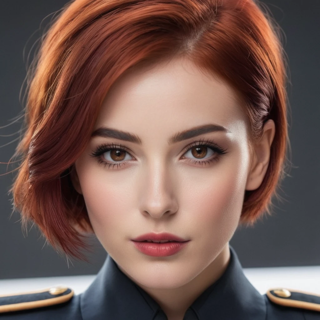 girl, short red hair, brown eyes, thick eyebrows, full lips, wide nose with a mole, White skin, blushing expression, and with the suit of the reconnaissance legion 