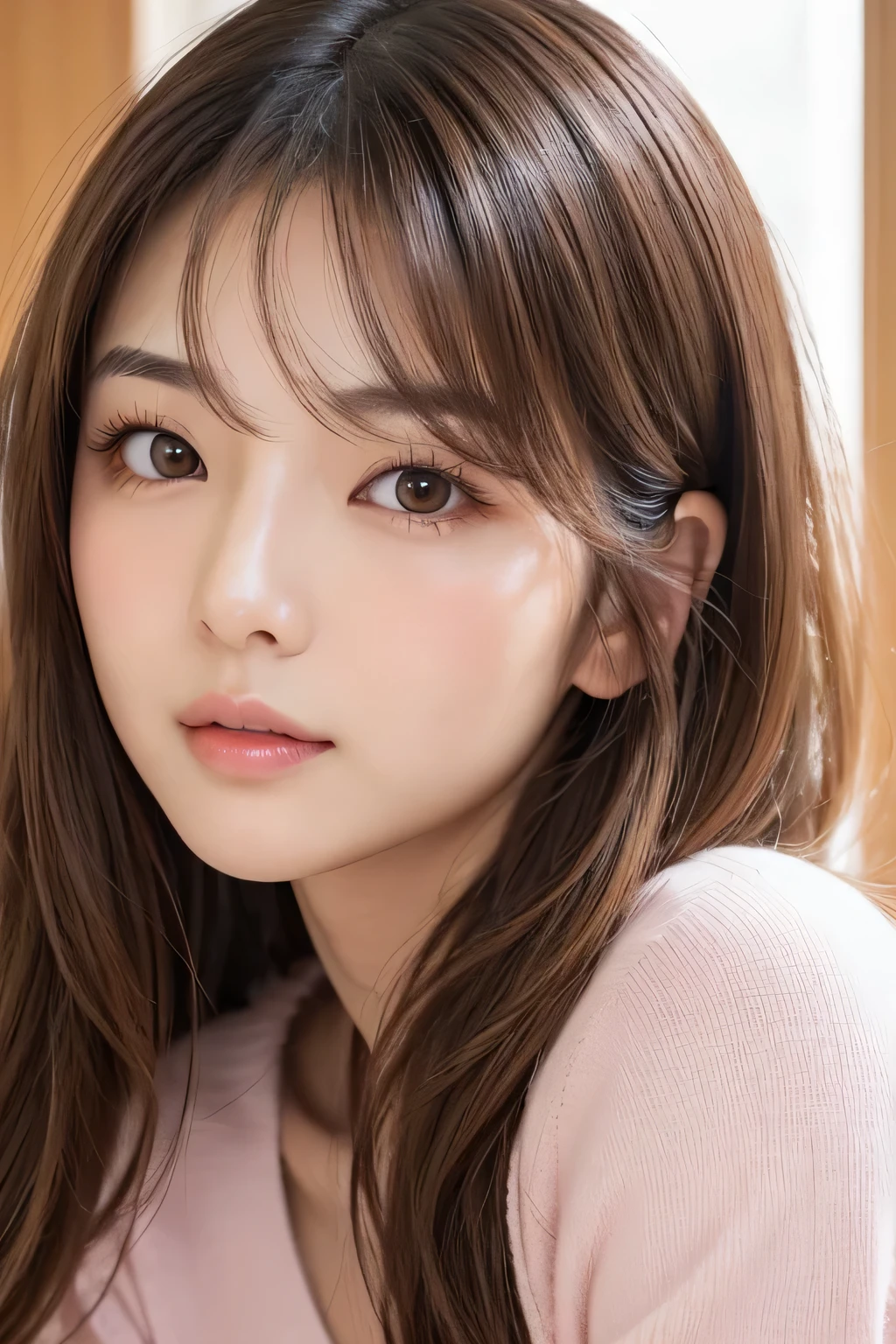 Japanese Woman in her late 20s Medium length wavy light brown hair Clear skin and pink cheeks Lips are thick and natural light pink Mouth slightly open The eyes are clearly double-lidded Big round, sexy eyes Longer and more defined eyelashes Eyebrows are naturally thick
