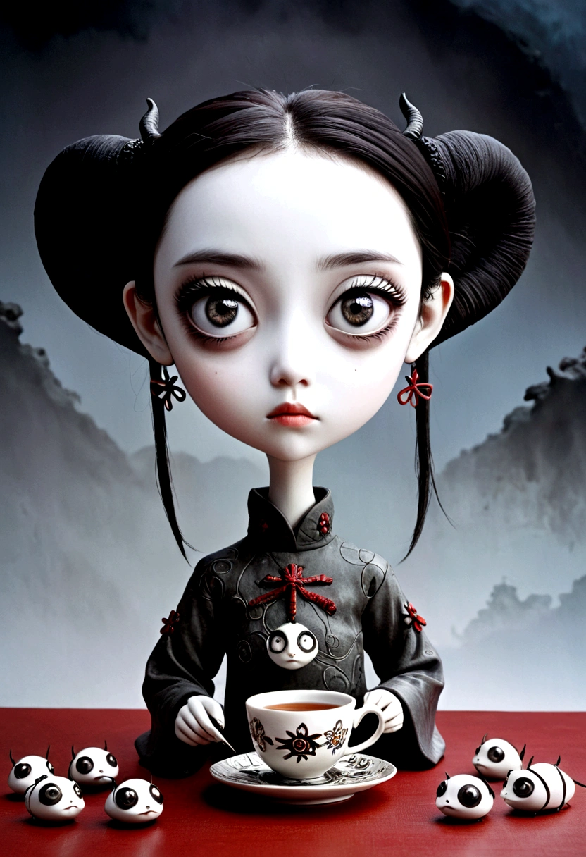 A young Satanichia Karimizhi, With her enormous complacent eyes she looks very attentively at the ants that come out of the tea cups that have geometrically impossible shapes and decorated with fantastic shapes., and showing the fierceness of Chinese Raku Yaki ceramics, everything as if it were a Tim Burton dream.