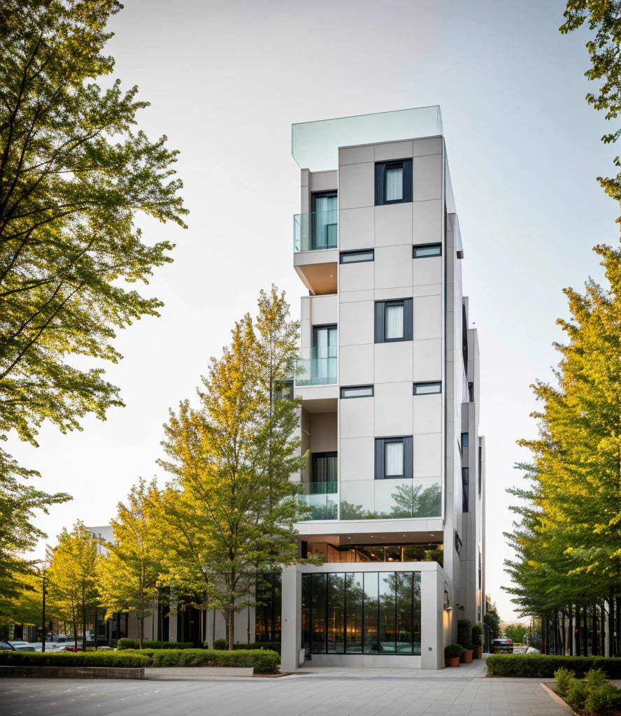 exterior of highrise hotel building, contemporary style, inspired of Norman Forster, glass with steel frame facade, 5 stars hotel design, beautiful landscape, stone pavement,cars, RAW photo, 8k uhd, dslr, soft lighting, high quality, film grain, Fujifilm XT3,masterpiece,