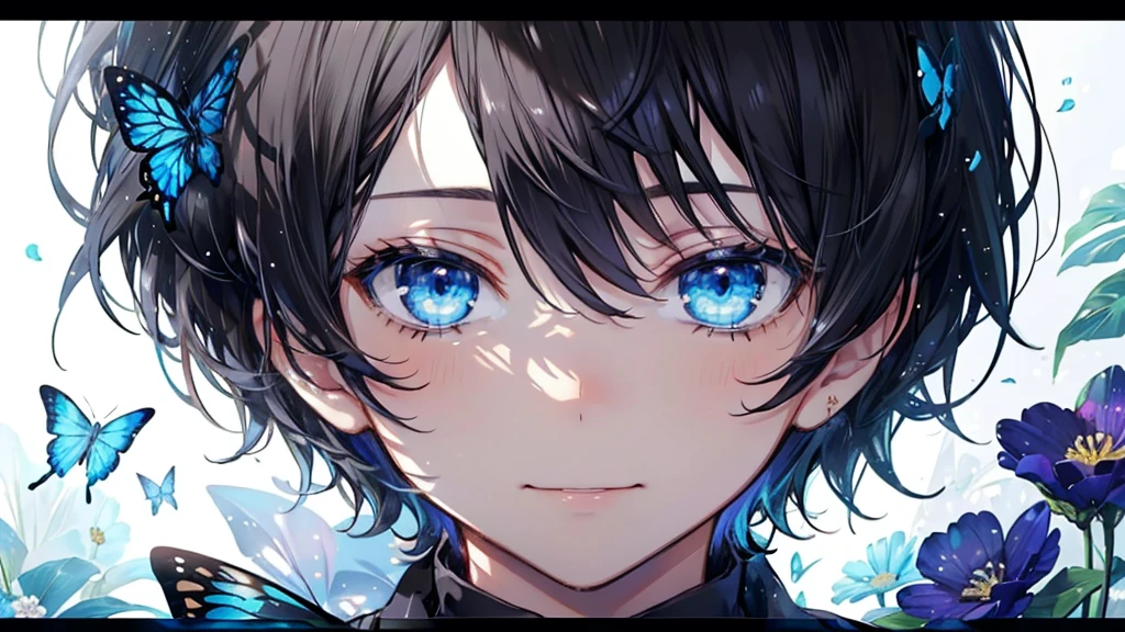 (Pieces fly), (Highest quality), Very detailed, 1 boy, Focus Only,Perfect Face, Beautiful Face, Very detailed顔,(short black hair boy:1.3),(blue eyes:1.3),flower,butterfly々,flowerびら,Light,Laughter