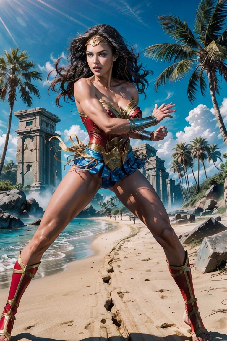 full body sexy beauty muscular ************ Wonder Girl, tall muscular, black long straight hair, blue eyes, red lips, large breast, Wonder Girl costume, Wonder Girl in combat position on the beach of a tropical island, lush vegetation, palm trees, bushes, ancient ruined city in the distance, fog, blurred shadows, photorealistic,