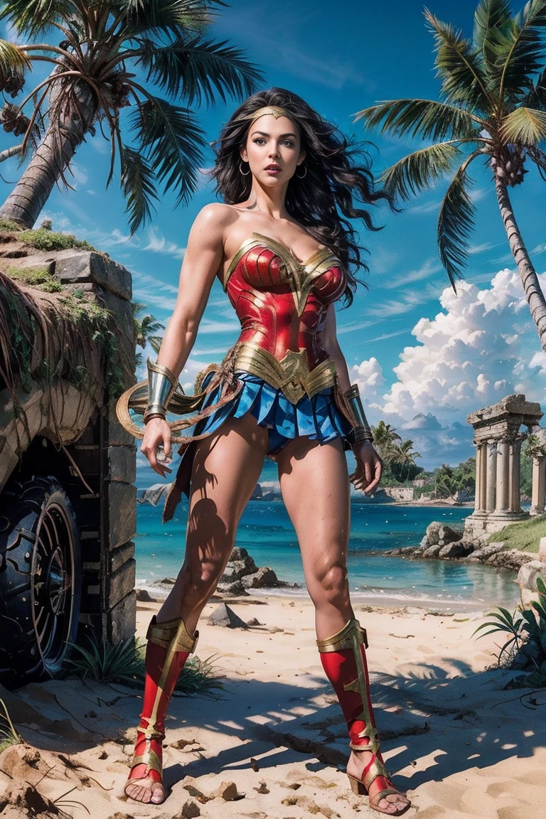 full body sexy beauty muscular  Wonder Girl, tall muscular, black long straight hair, blue eyes, red lips, large breast, Wonder Girl costume, Wonder Girl in combat position on the beach of a tropical island, lush vegetation, palm trees, bushes, ancient ruined city in the distance, fog, blurred shadows, photorealistic,