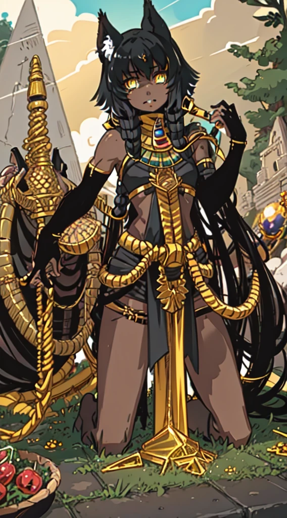 (Egyptian girl)(black har)(Yellow eyes)(Cat ears)(cat tails)(Black skin)(Egyptian-inspired clothing)Stand in the pyramid,Behind him was Anubis kneeling,On his left arm is parked Nighthawk