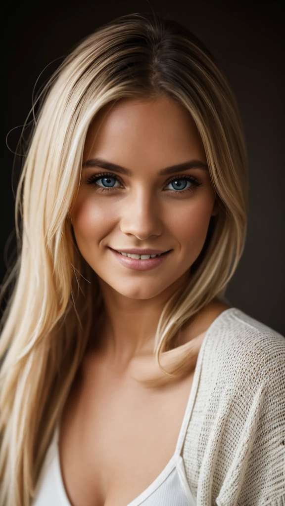 (Editorial photograph of a 21 year old blonde woman .), (Very detailed face:1.4) (SMILE) (background inside dark, private studio:1.3) to throw, por lee jeffries, Nikon D850, film stock photography ,4 Kodak Portra 400 ,f1 camera.6 lenses ,rich colors ,Hyper realistic ,realistic texture, dramatic lighting , Cinestill 800,