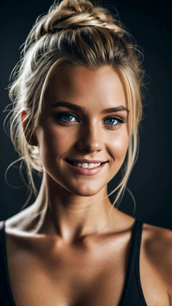 (Editorial photograph of a 21 year old blonde woman .), (Very detailed face:1.4) (SMILE) (background inside dark, private studio:1.3) to throw, por lee jeffries, Nikon D850, film stock photography ,4 Kodak Portra 400 ,f1 camera.6 lenses ,rich colors ,Hyper realistic ,realistic texture, dramatic lighting , Cinestill 800,