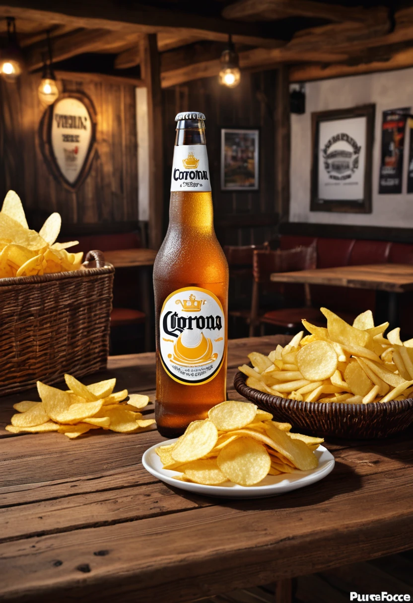 masterpiece,ASCII,8k.absurdes,intricate,maximum resolution, hyper detailed,
a bottle of beer with a strange and funny shape with the label reading "corona", on a tavern table, wooden table, accompanied by a mug, and a basket of chips, with sauces, advertising campaign, winning photo
pureerosface_v1