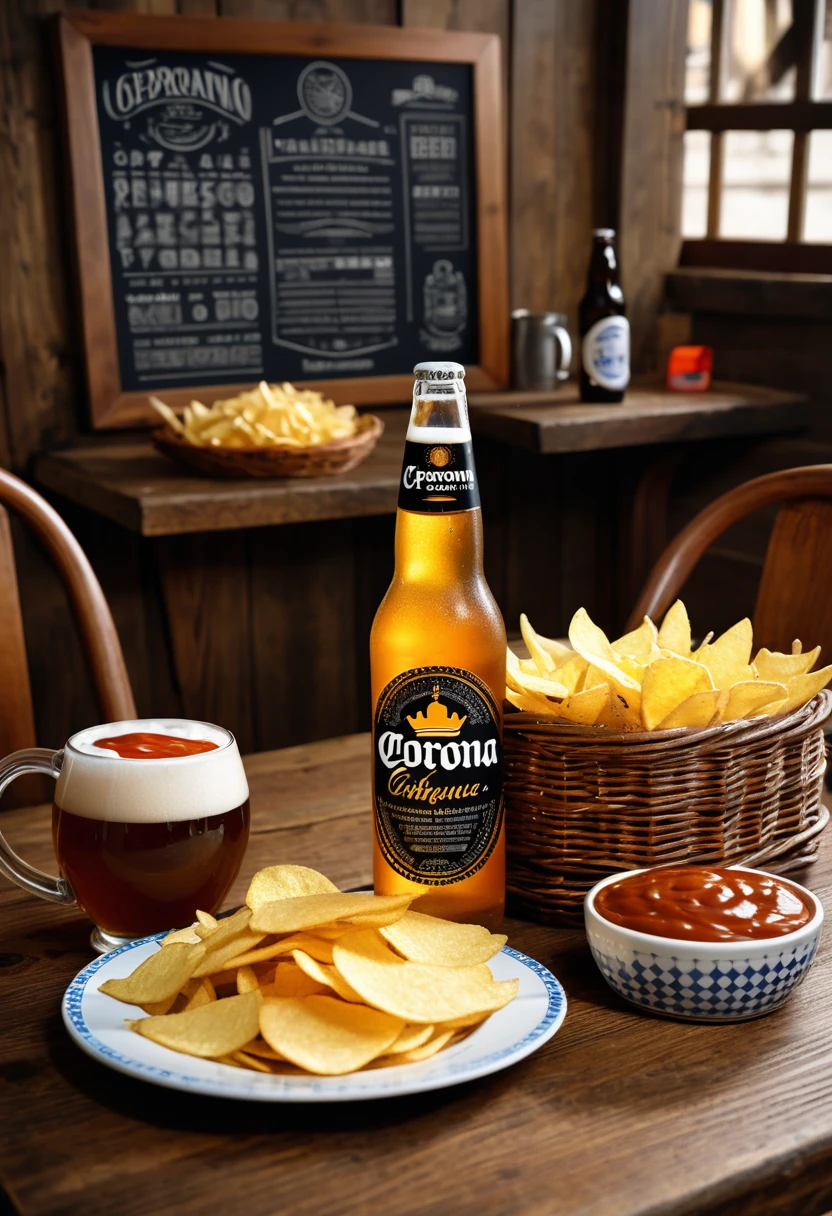 masterpiece,ASCII,8k.absurdes,intricate,maximum resolution, hyper detailed,
a bottle of beer with a strange and funny shape with the label reading "corona", on a tavern table, wooden table, accompanied by a mug, and a basket of chips, with sauces, advertising campaign, winning photo
pureerosface_v1