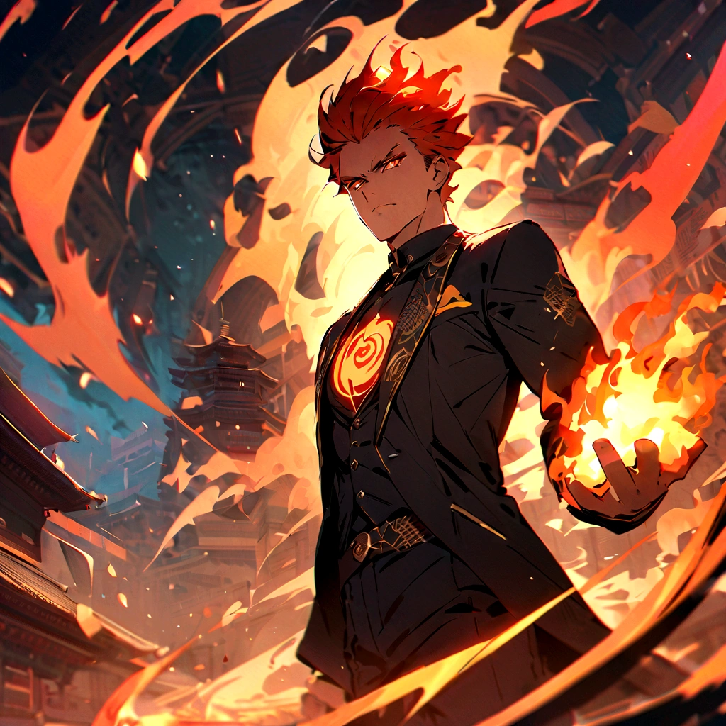 (best quality), oriental detailed background, one man wearing a black suit has flame power