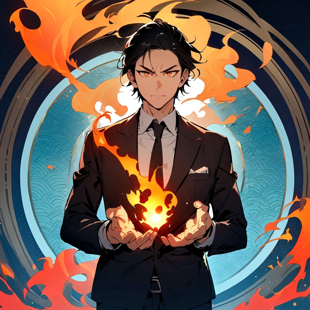 (best quality), oriental detailed background, one man wearing a black suit has flame power