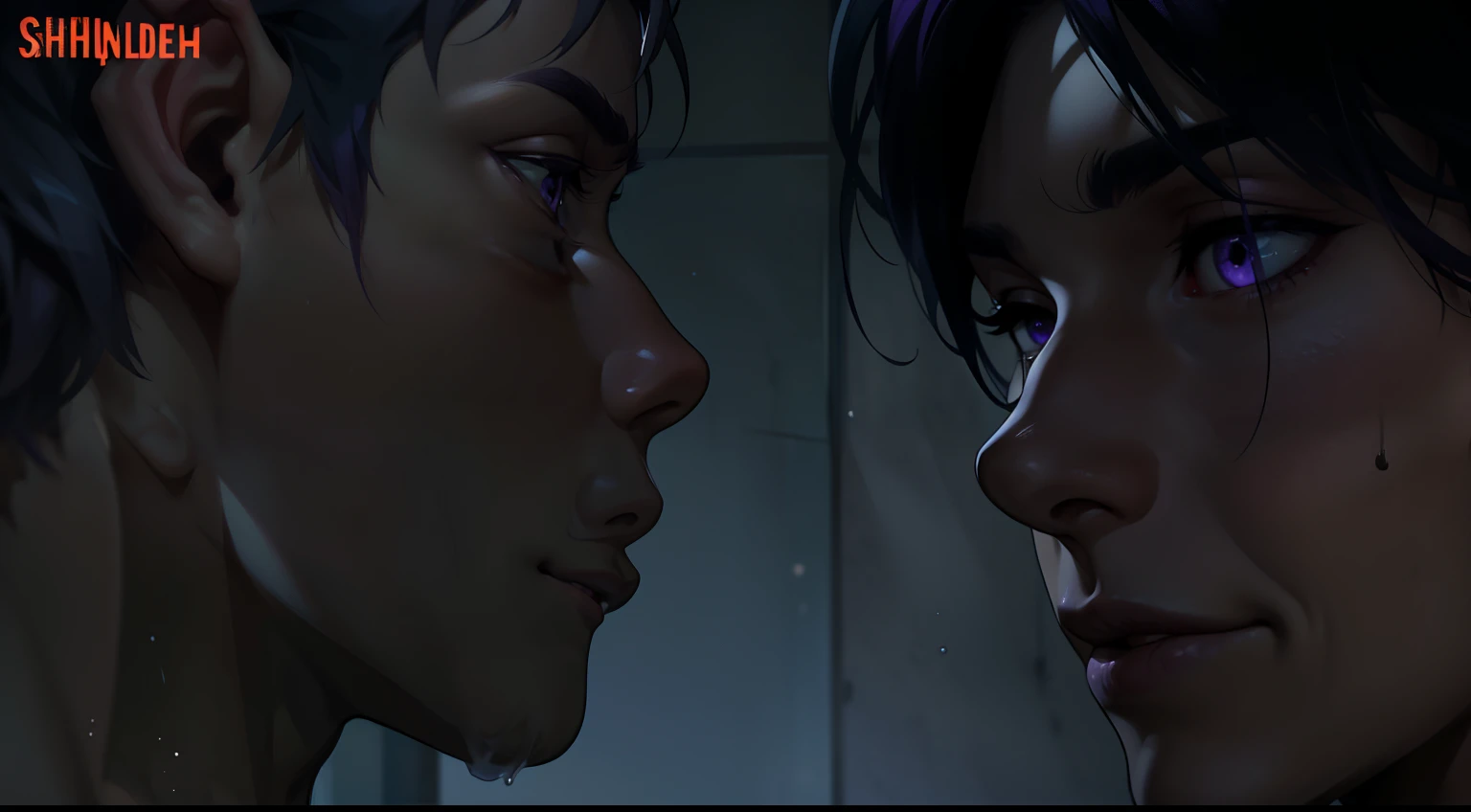 two young men of 16 years, one cute young man with gray hair and purple hair, purple eyes and the other blue eyes, are in the shower without a shirt, they look at each other with desire, pleasure, sensuality, they are going to kiss each other tenderly.