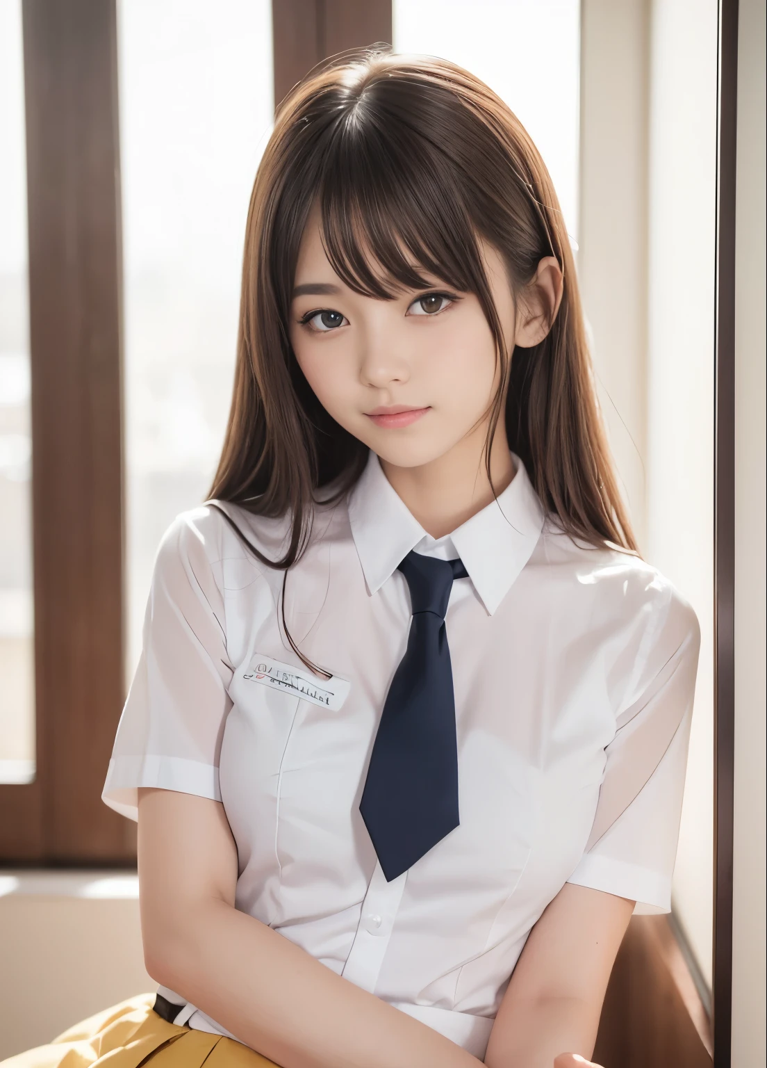 Tabletop、Highest quality、High school girls、16 years old, 8K、RAW Photo、（skin：1.2）、Ultra-high resolution、（lens：50mm）、（F/1.2）、Exquisitely drawn eyes、looking at the camera、Beautiful Face, (Fair skin, light makeup, Thin eyebrows), Slender body, (Medium chest, Delicate shoulders), （Big round eyes：1.4）、（Droopy eyes：1.2),  looking at the camera, (Quiet Smile:1.3), 16 years old, Straight Hair, (Medium Hair, bangs), Dark Eyes, 白いskin, beautiful girl, 16 years old, Very beautiful student, (uniform:1.4), White shirt, (uniformのWhite shirt, Short sleeve, tie, Pleated skirt), (White wall, Bright windows), Shallow depth of field 