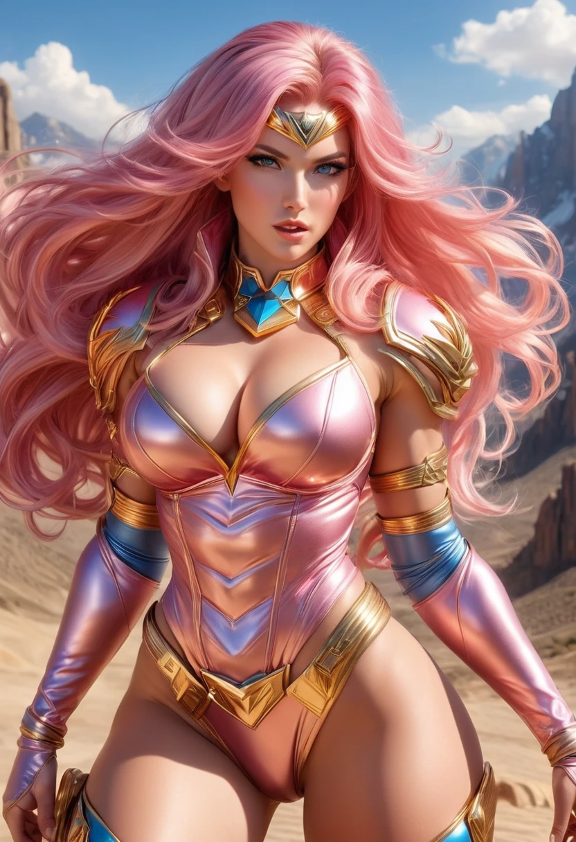 BEAUTIFUL PINK HAIR BOMBSHELL FEMALE GODDESS, TOO HUGE LONG HAIR, TOO VOLUMOUS HAIR, WIND EFFECT, LIGHT GRAY EYES, FACE MAKEUP, PALE SKYN, ROSY CHEEKS, MENTAL FORAMEN, TRIANGULAR FACE, ANGRY FACE EXPRESSION, STRAPLESS CLEAVAGE, BLUE PINK LEATHER BODYSUIT, GOLDEN DETAILS, GOLD HEADBAND, GOLD GAUNTLETS, LONG GOLDEN GAUNTLETS, GOLD CHOKE COLLAR, GOLD SANDALS, STRONG ATHLETIC BODY, MUSCLES, ARMS, DETAILED DELTOIDS, THICK GORGEOUS THIGHS, DETAILED QUADRICEPS, ABDOMEN, DEEP DESERT, ROCKY MOUNTAINS, SUN, BACKLIGHTS, MASTERPIECE, ACCURATE IMAGE